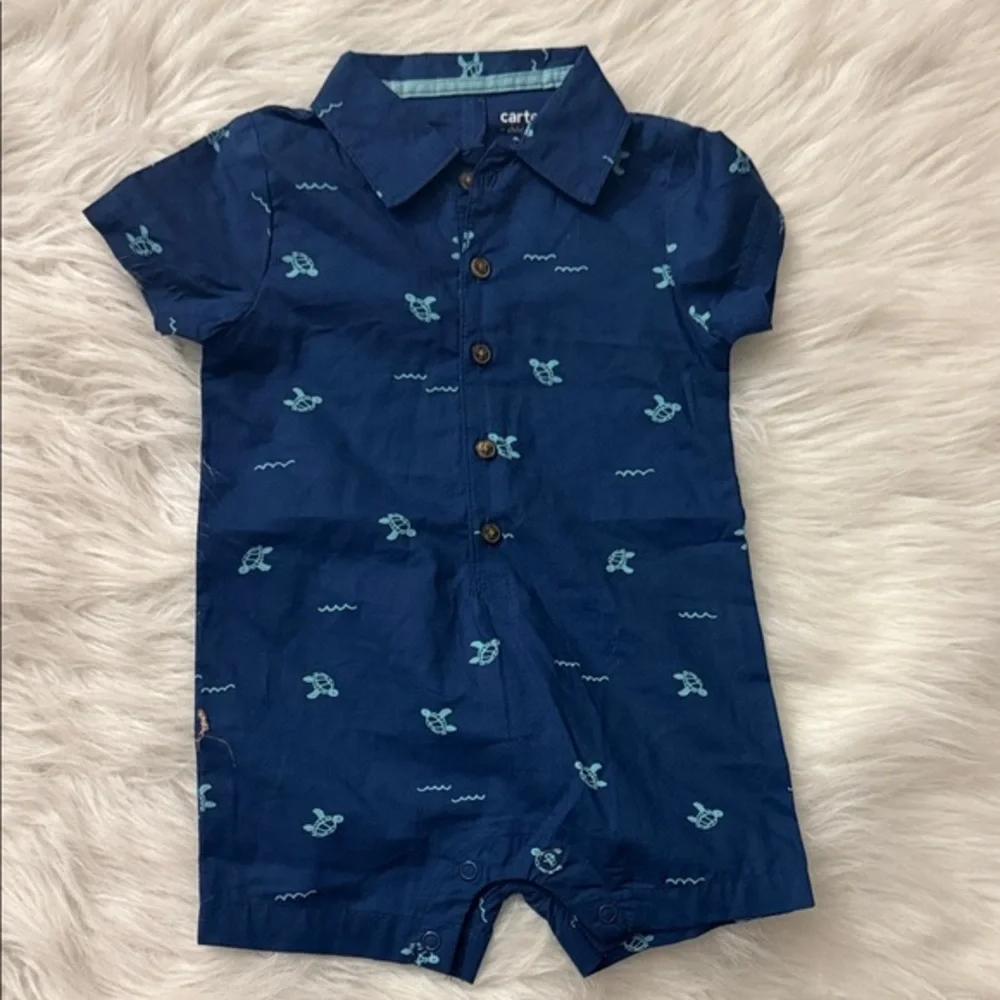 Carter's Navy Short-Sleeve Turtle Print Romper